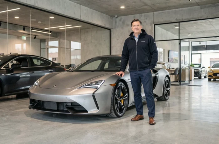 Journaliste automobile masculin aux côtés d'une voiture de sport moderne dans un showroom professionnel