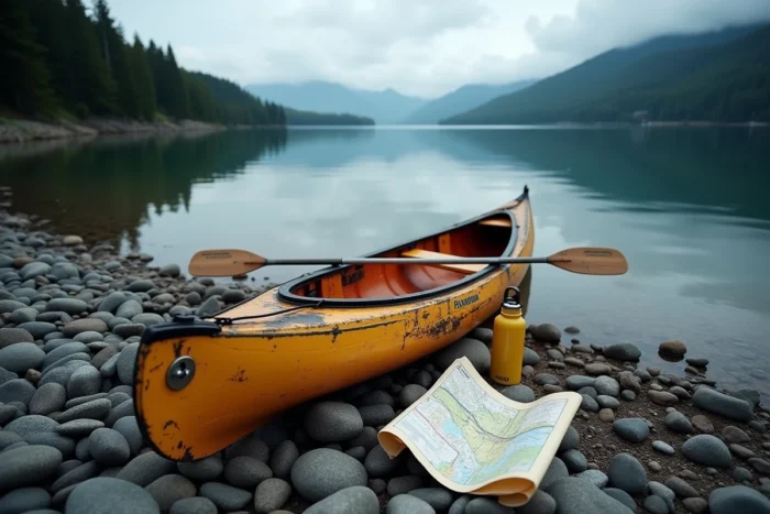 Kayak en bois échoué sur une plage de galets d'une crique isolée du lac du Bourget