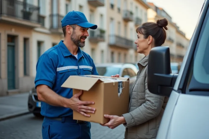Livreur remettant un colis abîmé à une cliente dans une rue résidentielle française