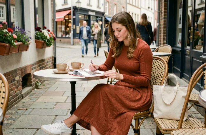 Jeune femme branchée consultant un lookbook de mode à la terrasse d'un café à Quimper