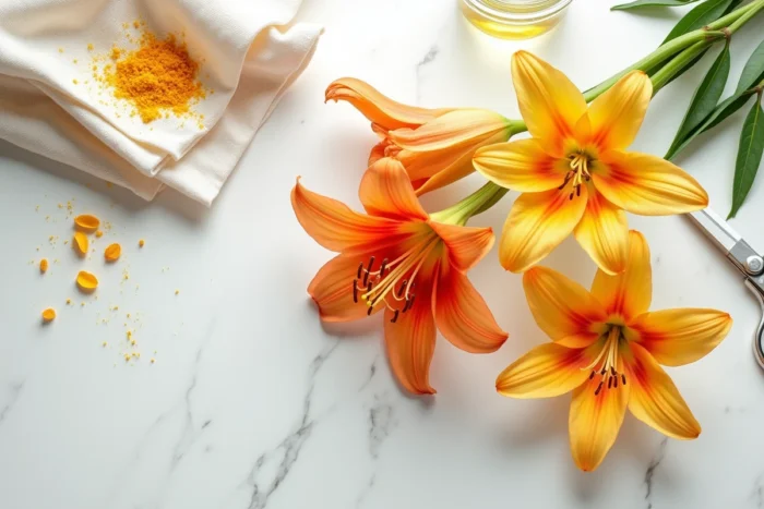 Arrangement de lys oranges et jaunes sur marbre avec pistil coupé et ciseaux, guide entretien fleurs coupées