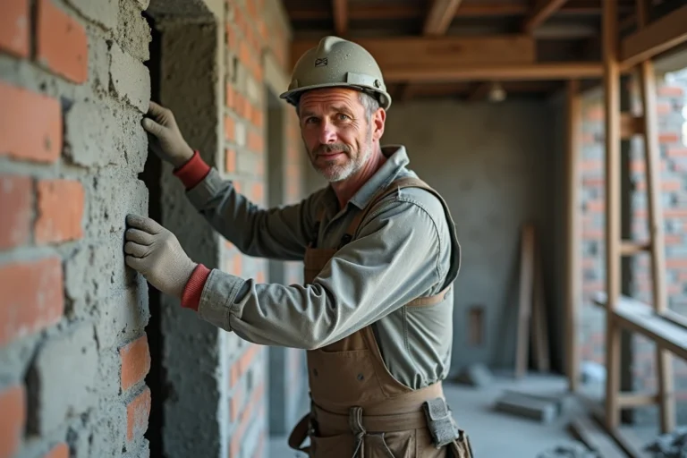Maçon appliquant du mortier frais sur un mur en briques lors d'une rénovation extérieure
