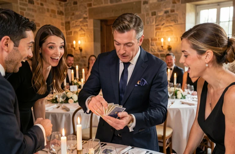 Magicien en costume marine réalisant un tour de cartes lors d'une réception de mariage dans un château bordelais