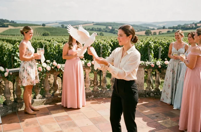 Magicienne faisant apparaître une colombe lors d'un cocktail de mariage sur une terrasse de vignoble bordelais