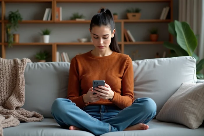 Maman moderne consultant les dernières actualités sur son smartphone dans un salon contemporain