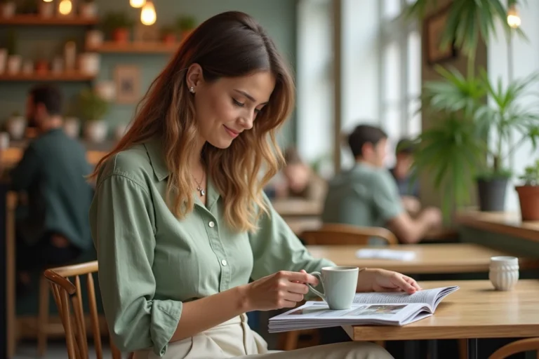 Jeune maman tendance feuilletant un magazine lifestyle dans un café scandinave moderne