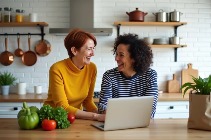 Deux mamans complices découvrant ensemble des tendances actuelles autour d'un ordinateur portable dans une cuisine moderne