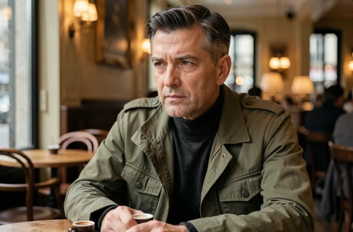 Portrait d'un homme discret et élégant attablé dans un café parisien, représentant le mari d'Amandine Atalaya loin des médias
