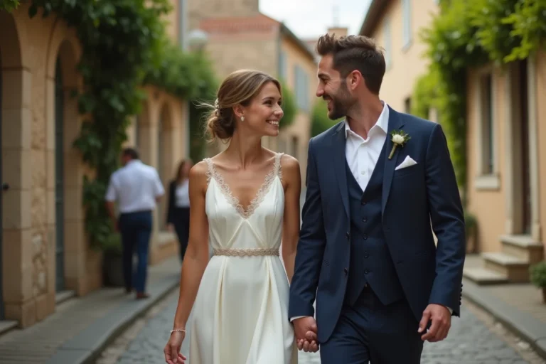 Couple élégant en tenue de mariage discret marchant main dans la main dans une ruelle pavée d'un village français