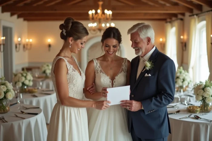 Mariée remettant des lettres personnalisées à ses parents émus lors de la cérémonie de mariage