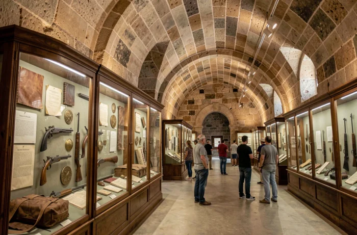 Salle intérieure du musée de l'Alamo avec des vitrines exposant des artefacts authentiques de la bataille de 1836