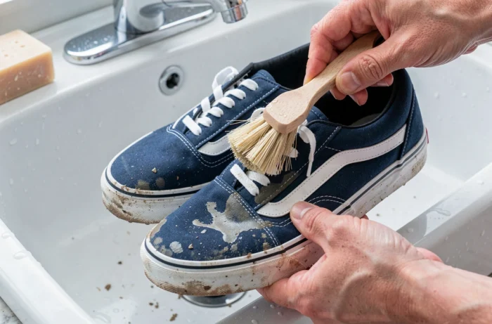 Nettoyage de Vans Old Skool marine à la brosse au-dessus d'un évier avant traitement imperméabilisant