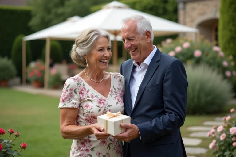 Parents de la mariée recevant un cadeau d'un invité lors d'une réception de mariage en jardin
