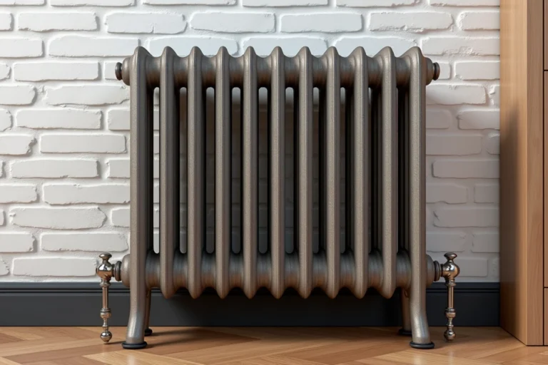 Radiateur en fonte installé sur un pied de sol sans perçage mural dans un salon moderne