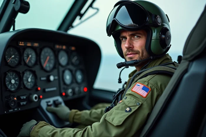 Pilote d'hélicoptère militaire français en combinaison de vol dans le cockpit d'un appareil moderne