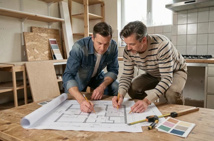 Couple étudiant les plans de rénovation de leur cuisine avec du matériel de chantier autour d'eux