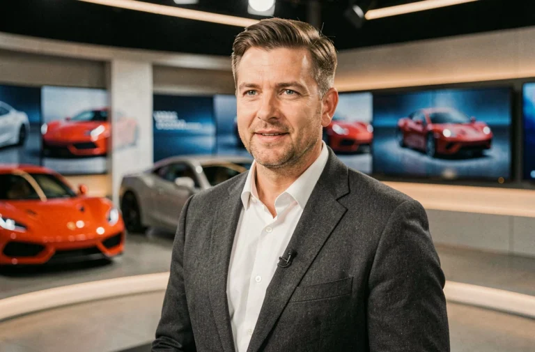 Présentateur automobile de télévision en studio face caméra pour une émission de voitures en 2026