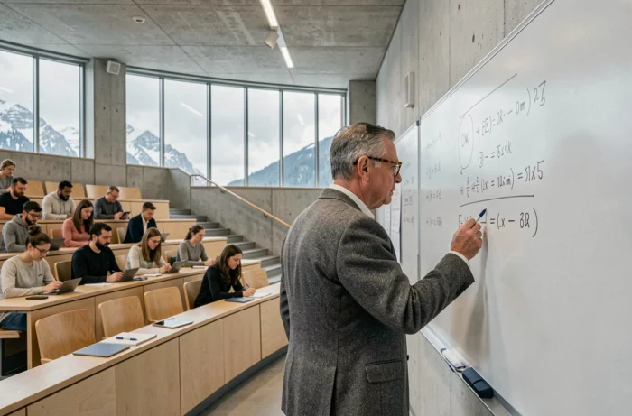 Professeur suisse donnant un cours magistral dans un amphithéâtre universitaire moderne devant des étudiants attentifs