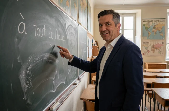 Professeur devant un tableau de classe expliquant l'orthographe correcte de l'expression à tout à l'heure en français