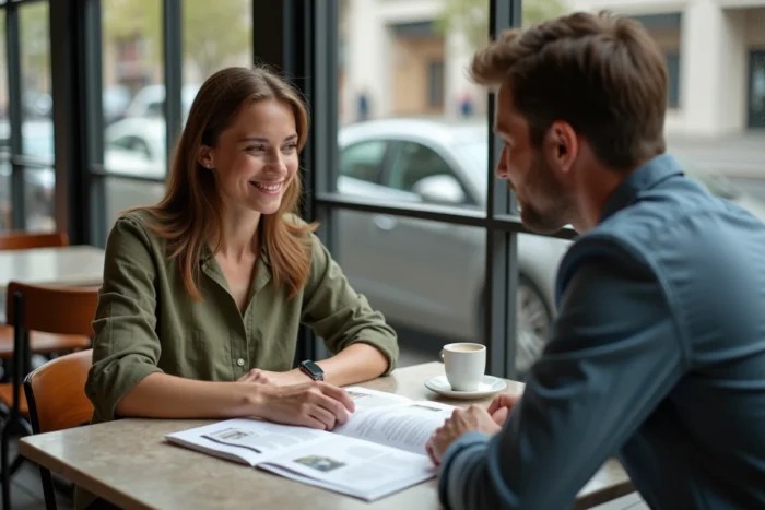 Propriétaire de PME discutant avec un consultant de l'inscription dans un annuaire professionnel pour booster sa visibilité