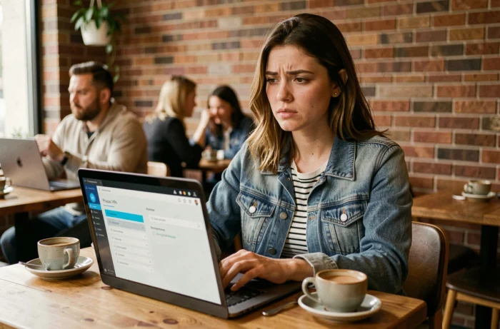 Jeune femme utilisant un VPN pour protéger ses données dans un café public