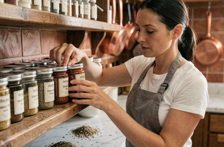 Femme arrangeant des bocaux d'épices en verre sur une étagère en bois dans une cuisine rustique