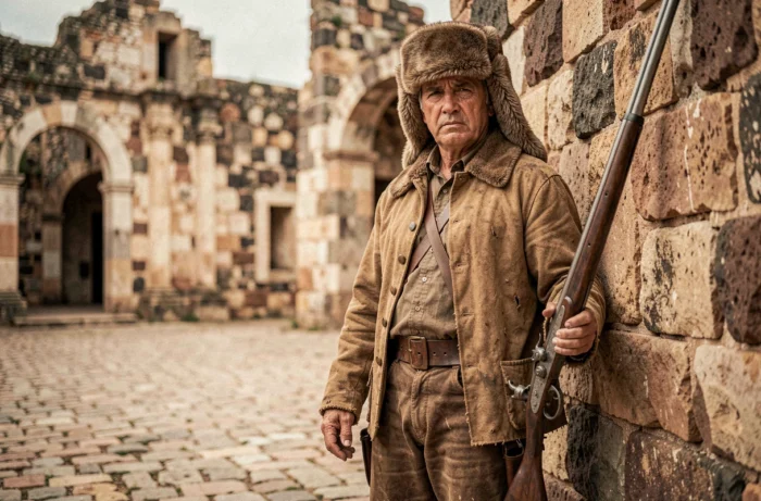 Reconstitution historique d'un défenseur texan de l'Alamo en costume du XIXe siècle dans la cour intérieure du fort