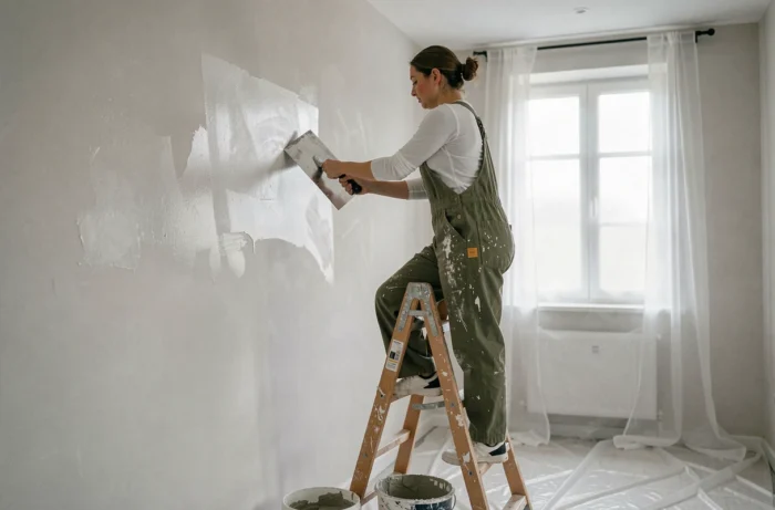 Femme appliquant de l'enduit sur un mur de chambre en rénovation avec une taloche