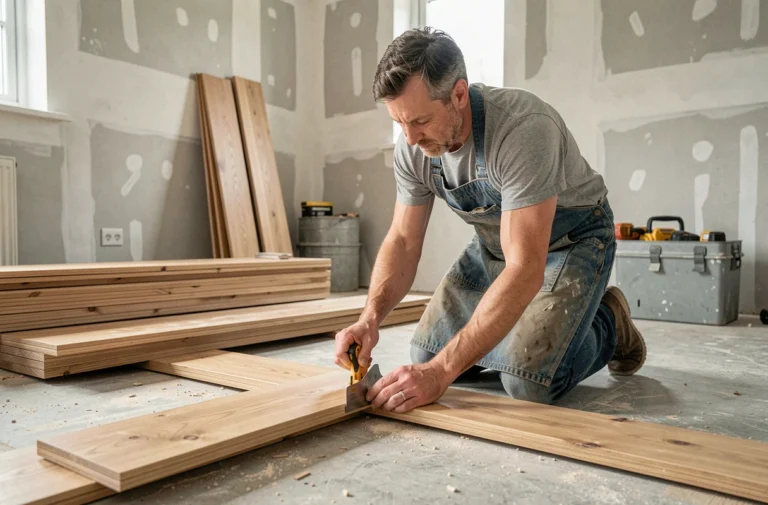 Homme posant du parquet en bois dans un salon en cours de rénovation avec des outils de bricolage