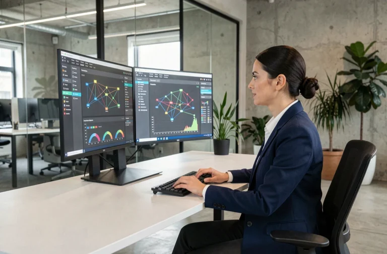 Responsable informatique féminine analysant des tableaux de bord de gestion IT sur double écran dans un bureau moderne