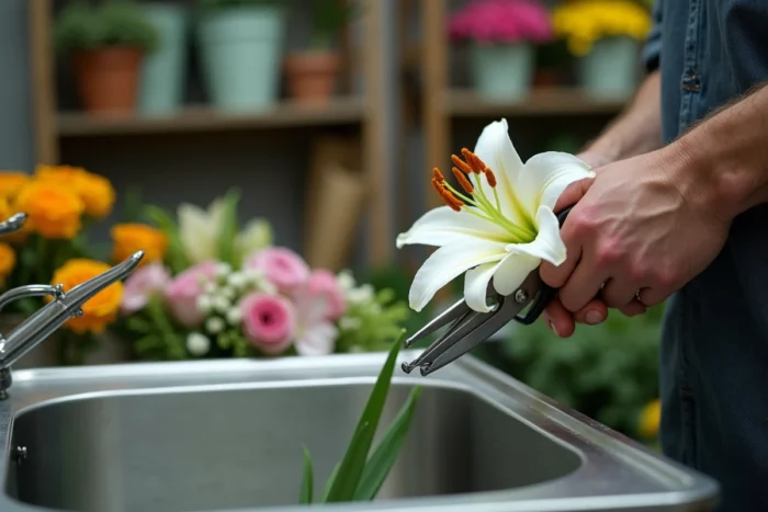 Mains masculines retirant les étamines et le pistil d'un lys blanc Casablanca dans un magasin de fleurs professionnel