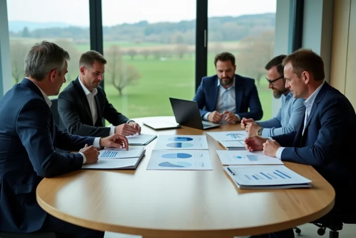 Réunion d'affaires de dirigeants analysant des documents financiers dans une salle de conférence moderne, illustrant la gestion d'une fortune entrepreneuriale