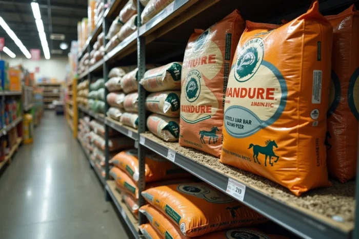 Sacs de fumier de cheval en vente sur les rayons d'un magasin de jardinage avec étiquettes de prix