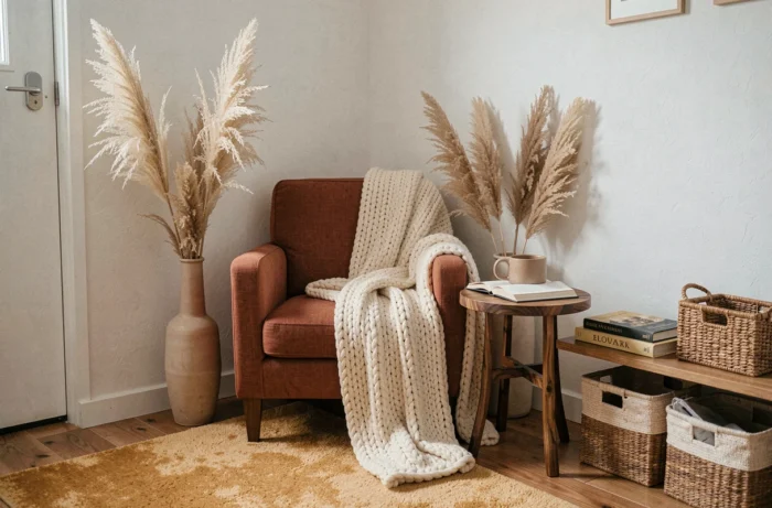 Coin salon chaleureux et tendance avec fauteuil en lin terracotta, plaid en laine tricotée et vase en pampa dans un intérieur cocon