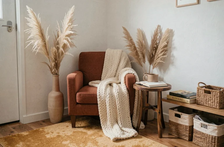 Coin salon chaleureux et tendance avec fauteuil en lin terracotta, plaid en laine tricotée et vase en pampa dans un intérieur cocon
