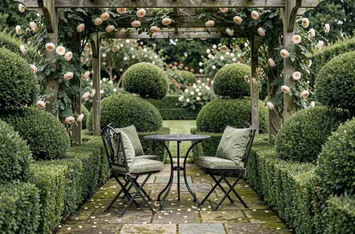 Salon de jardin en fer forgé sur une terrasse en dalles de pierre entourée de buis taillés et d'une pergola en bois avec rosier grimpant
