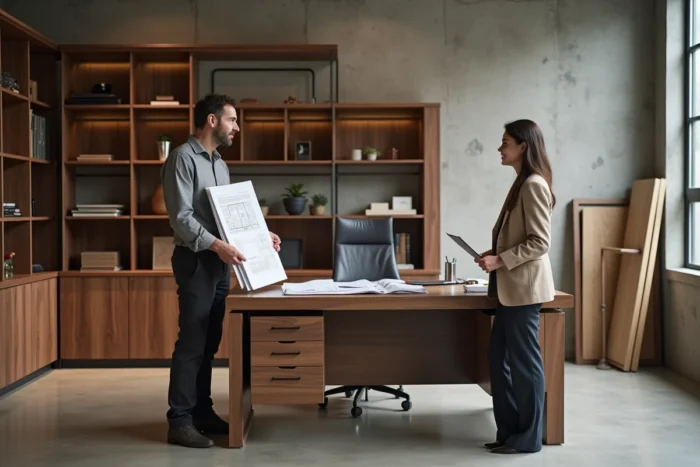 Showroom de mobilier de bureau sur mesure avec designer et client examinant des échantillons de matériaux