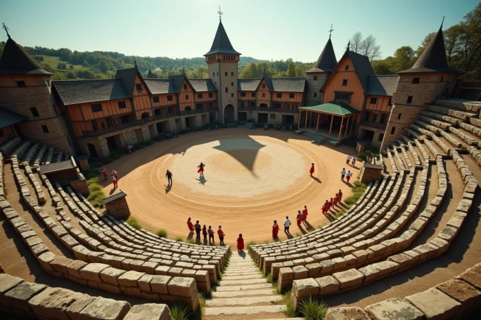 Vue panoramique d'un site de spectacle historique en Vendée inspiré du Puy du Fou, avec décors médiévaux et costumes d'époque