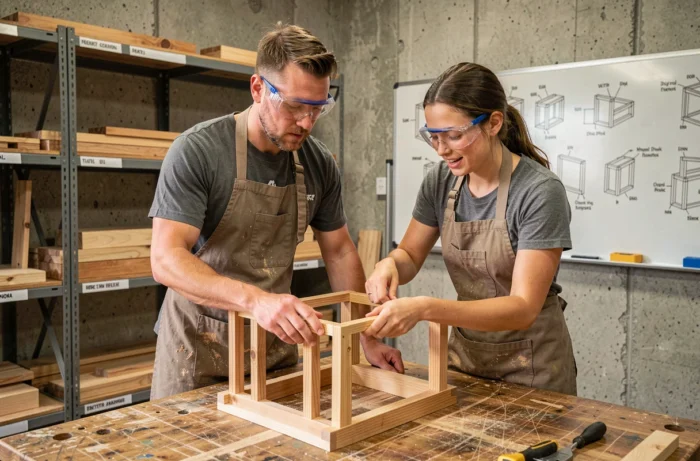 Deux stagiaires en menuiserie collaborant sur l'assemblage d'un meuble dans un centre de formation professionnelle