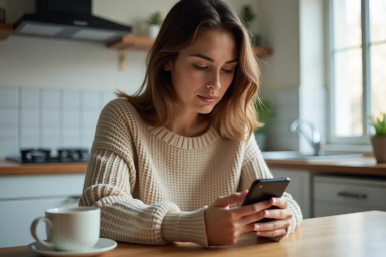 Jeune femme suivant sa livraison Shein en temps réel sur son smartphone dans une cuisine moderne