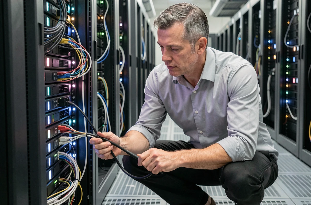Technicien informatique inspectant un rack de serveurs dans une salle de données professionnelle