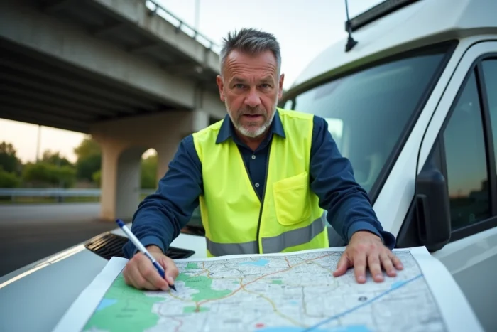 Technicien en gilet jaune consultant une carte routière sur une aire d'autoroute, représentant la planification des évolutions du réseau autoroutier gratuit en 2026
