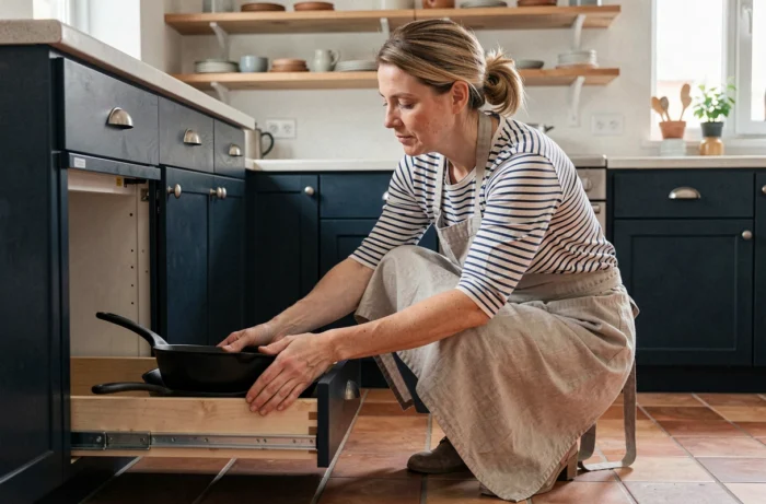 Femme accédant à un tiroir coulissant d'angle dans une cuisine compacte aux meubles bleu marine