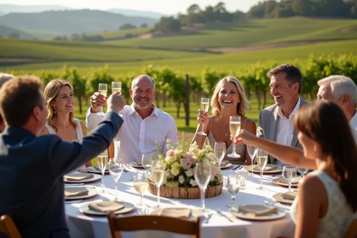 Toast en l'honneur des parents de la mariée lors d'une réception de mariage dans un vignoble