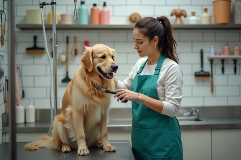 Toiletteuse professionnelle en tablier teal brossant un golden retriever mouillé sur une table de toilettage en acier inoxydable dans un salon de toilettage propre et bien équipé.