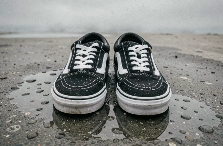 Vans Old Skool noires imperméabilisées avec des gouttes d'eau qui perlent sur la toile, posées sur du béton mouillé