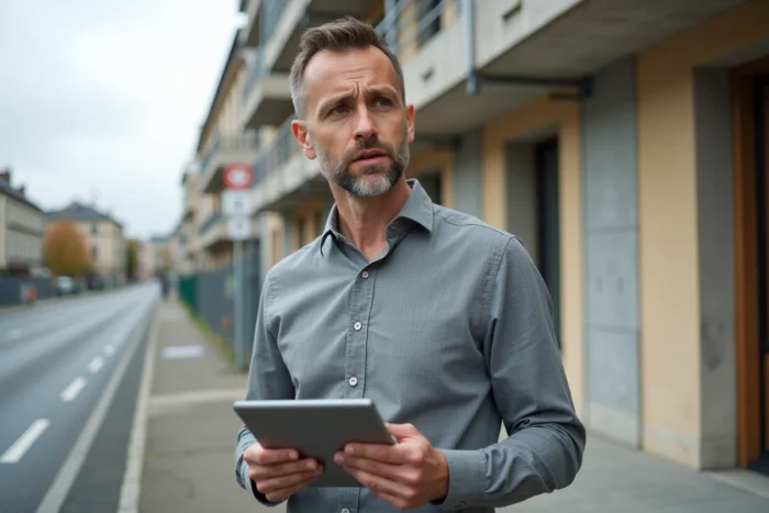 Homme vérifiant sur tablette le registre des promoteurs immobiliers devant un immeuble en construction en France