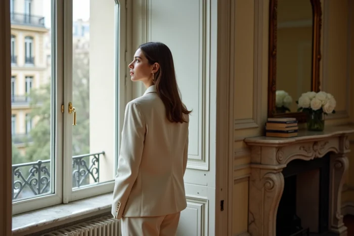 Femme élégante en intérieur parisien haussmannien près d'une fenêtre arquée, ambiance vie privée raffinée