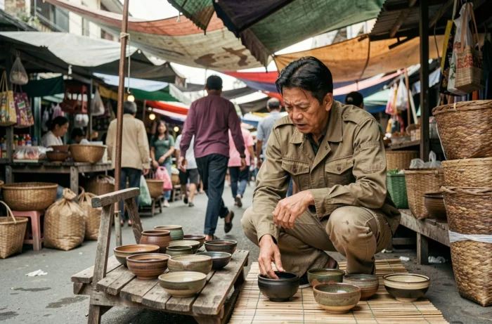 Voyageur explorant un marché artisanal animé en Asie du Sud-Est avec poteries et paniers tressés traditionnels