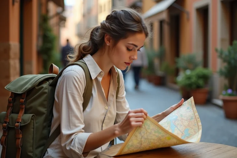 Femme voyageuse consultant une carte papier en terrasse dans une ruelle européenne pavée, avec un sac à dos en toile verte